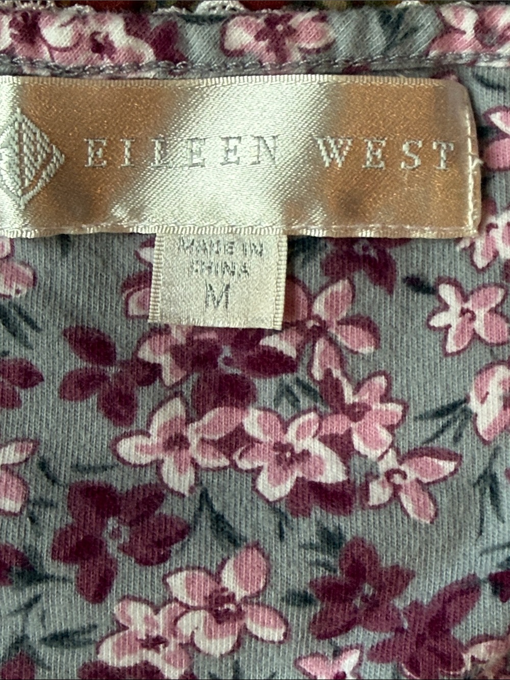 Eileen West 100% Cotton Gray & Pink Floral Nightgown with Lace Trim - Picture 2 of 6